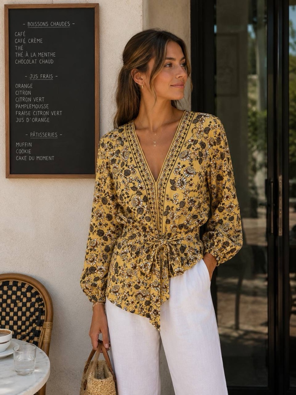 Max Studio Mustard Floral V-Neck Tie-Waist Blouse